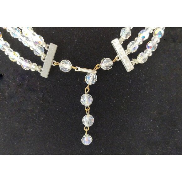 Crystal Aurora Borealis Beaded Triple Strand Necklace W/ Hook Closure, Vintage - Picture 5 of 7